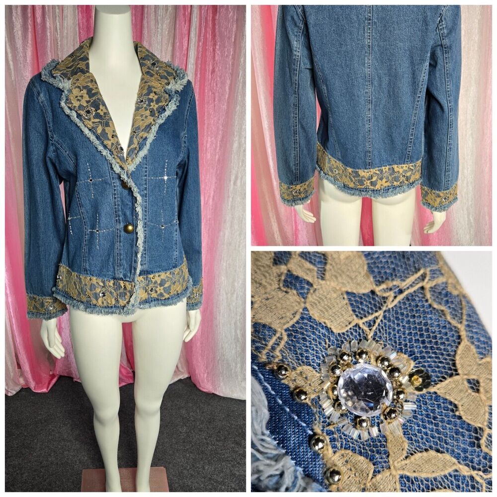 Step In Style Y2K Unique Denim Lace Studded  Rhinestone Jean Jacket Size Large - Picture 2 of 16
